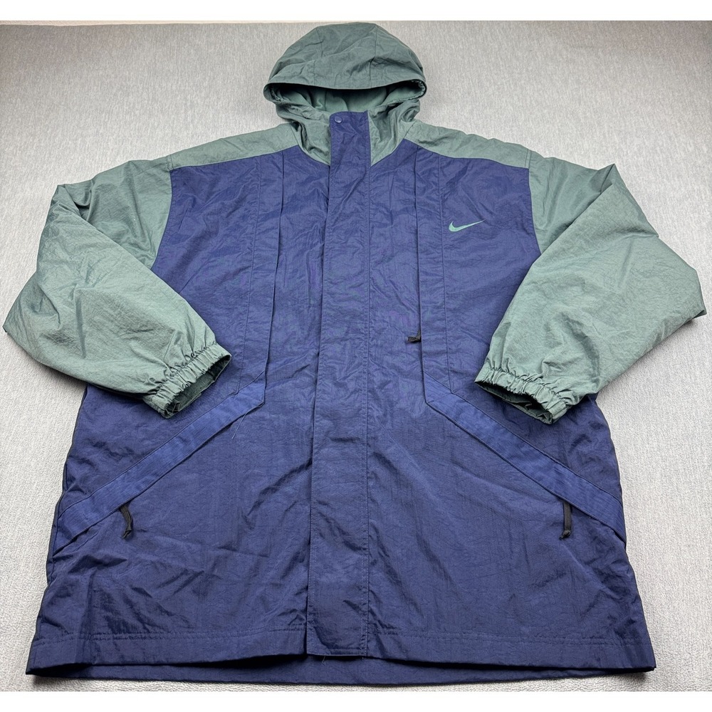 Vintage Nike Jacket Mens 2XL Purple Green Windbreaker Fleece Parka Hooded 90s